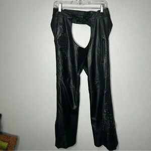 Harley Davidson Leather Chaps Women XS Black Embroidered Rhinestone Zippers Ties